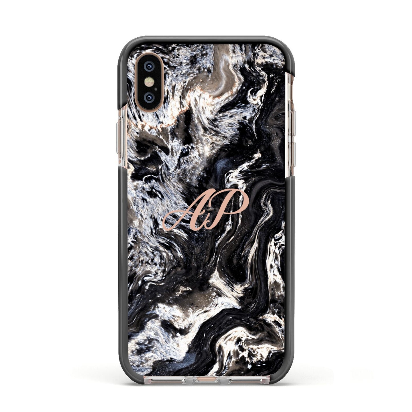 Custom Black Swirl Marble Apple iPhone Xs Impact Case Black Edge on Gold Phone