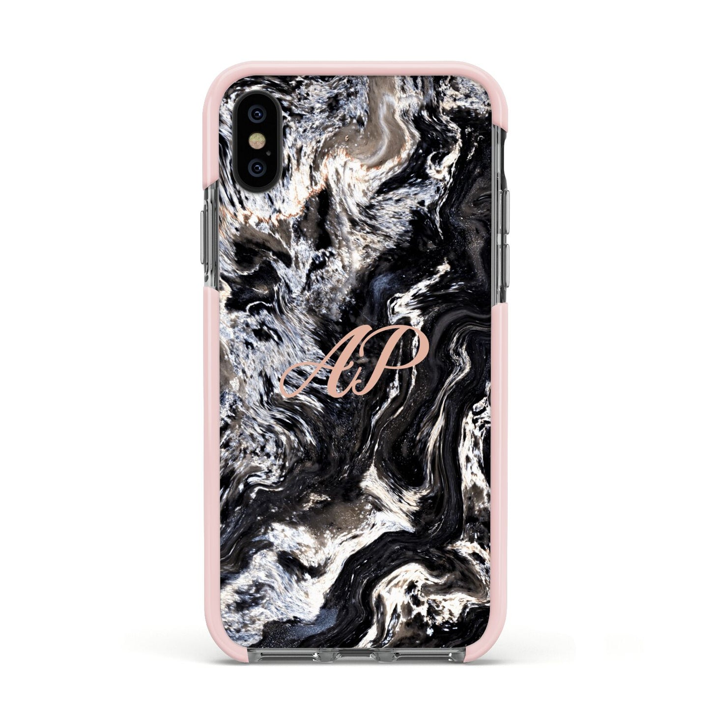 Custom Black Swirl Marble Apple iPhone Xs Impact Case Pink Edge on Black Phone