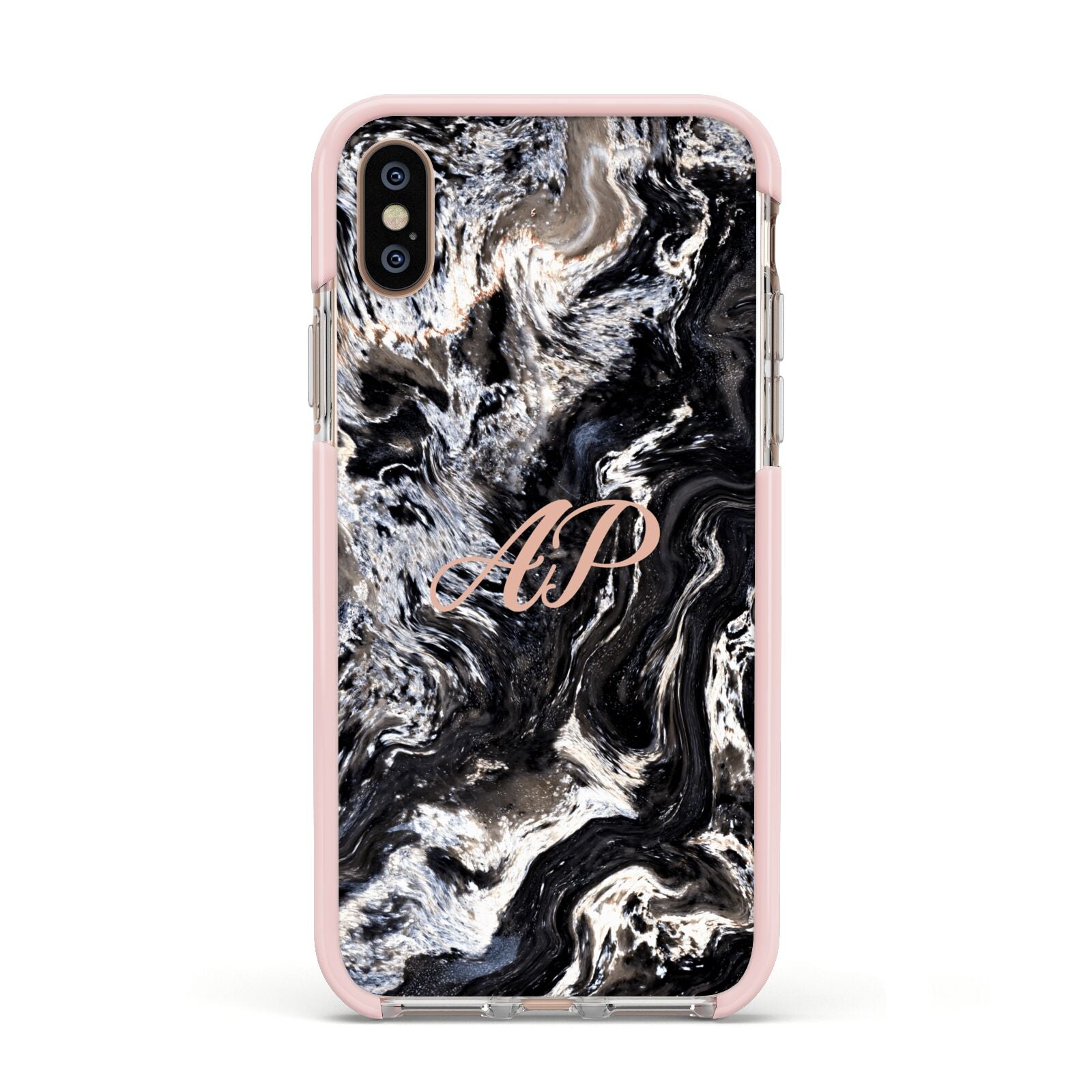 Custom Black Swirl Marble Apple iPhone Xs Impact Case Pink Edge on Gold Phone