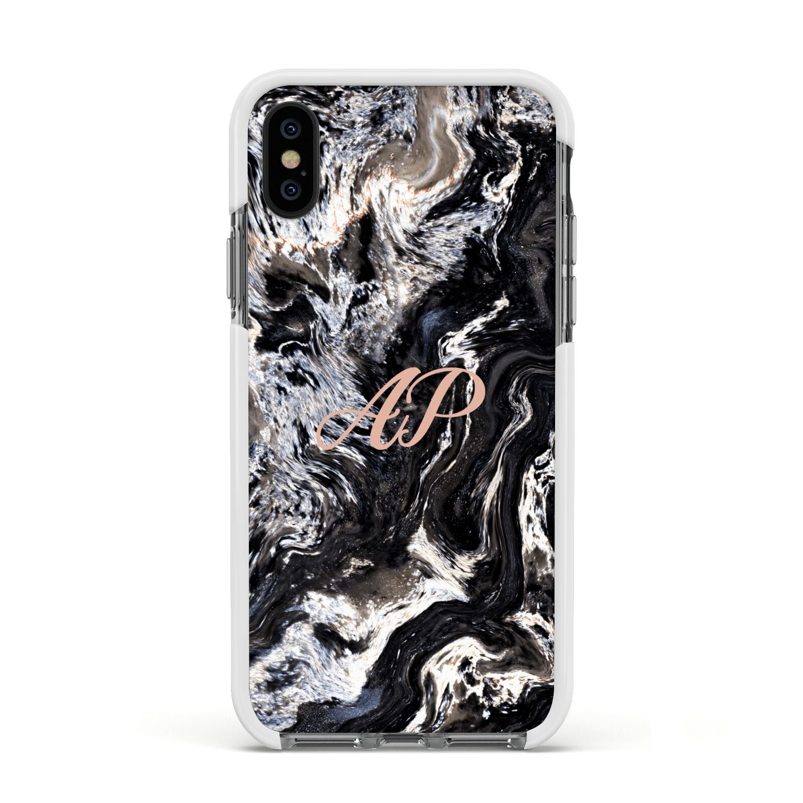 Custom Black Swirl Marble Apple iPhone Xs Impact Case White Edge on Black Phone