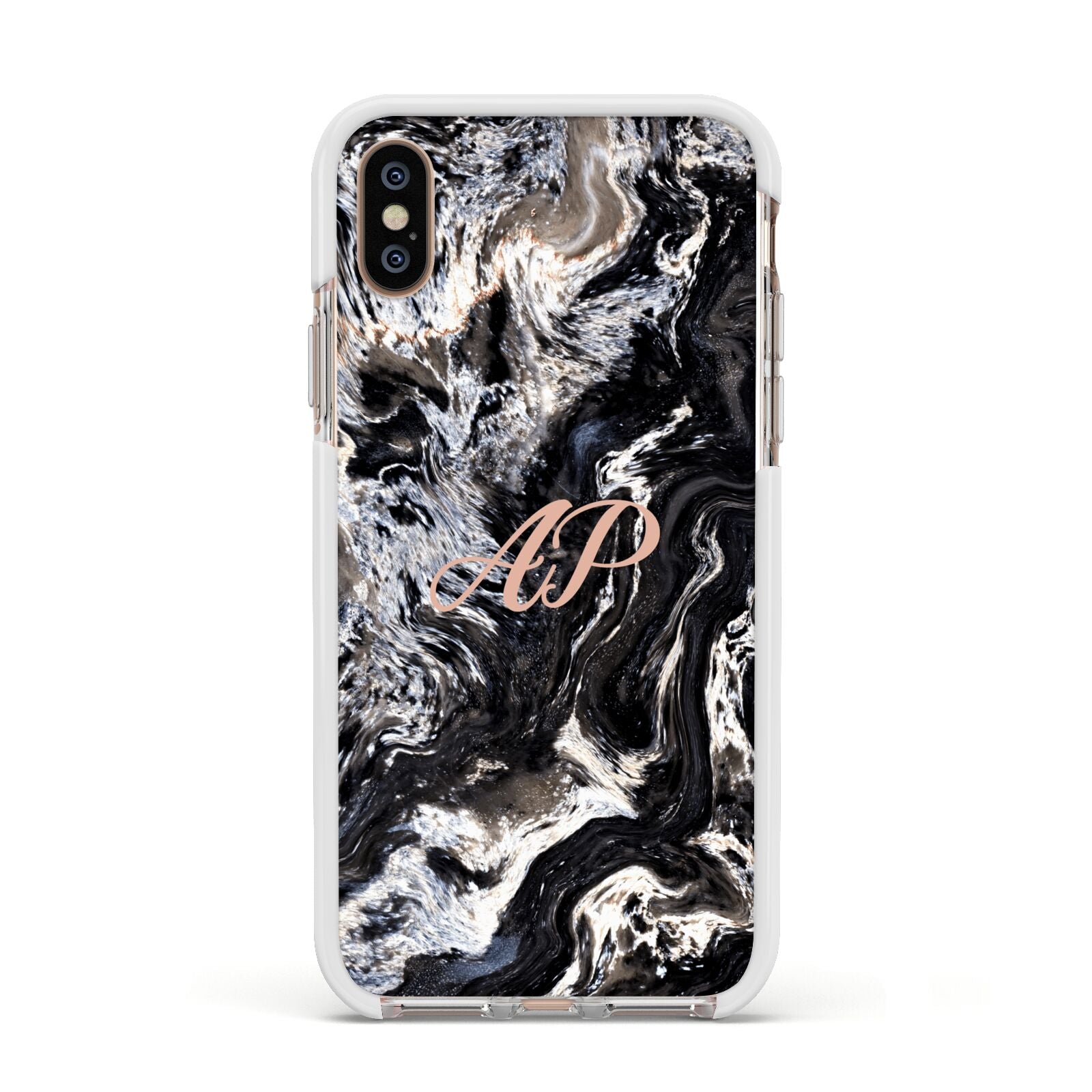 Custom Black Swirl Marble Apple iPhone Xs Impact Case White Edge on Gold Phone