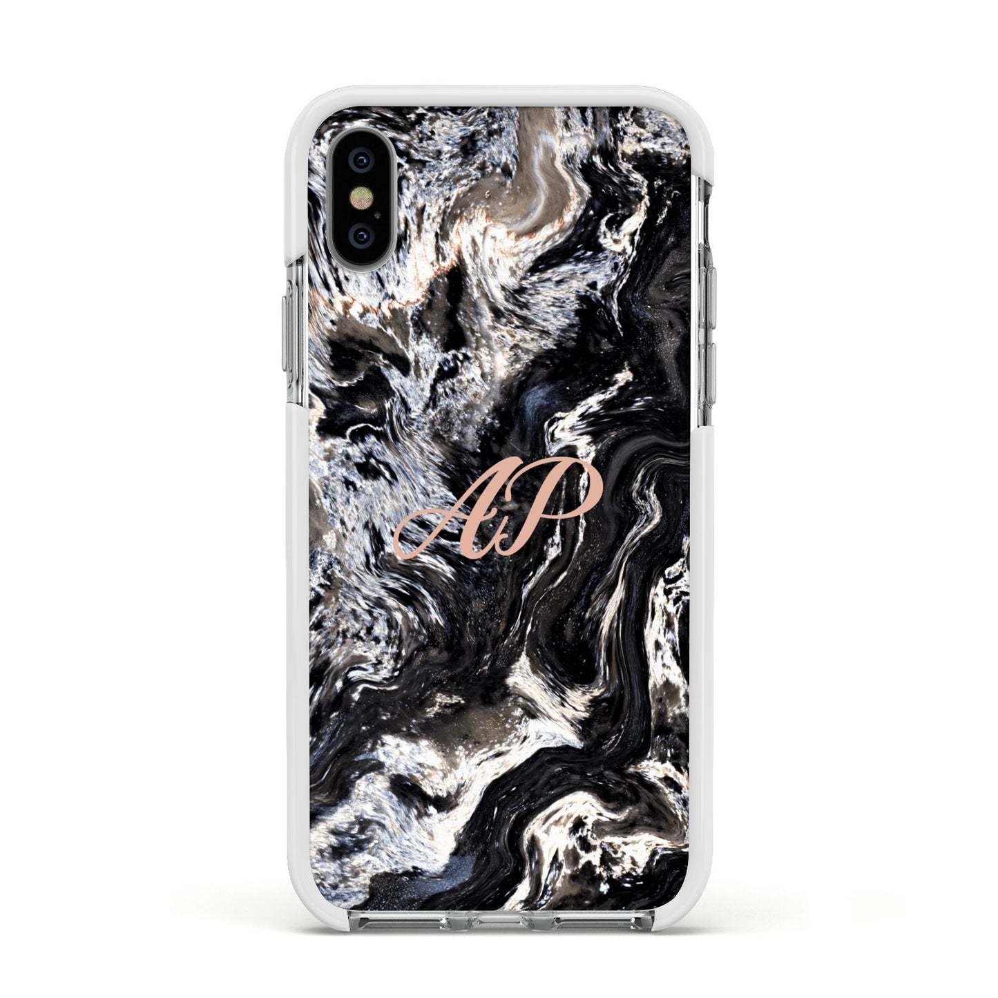 Custom Black Swirl Marble Apple iPhone Xs Impact Case White Edge on Silver Phone