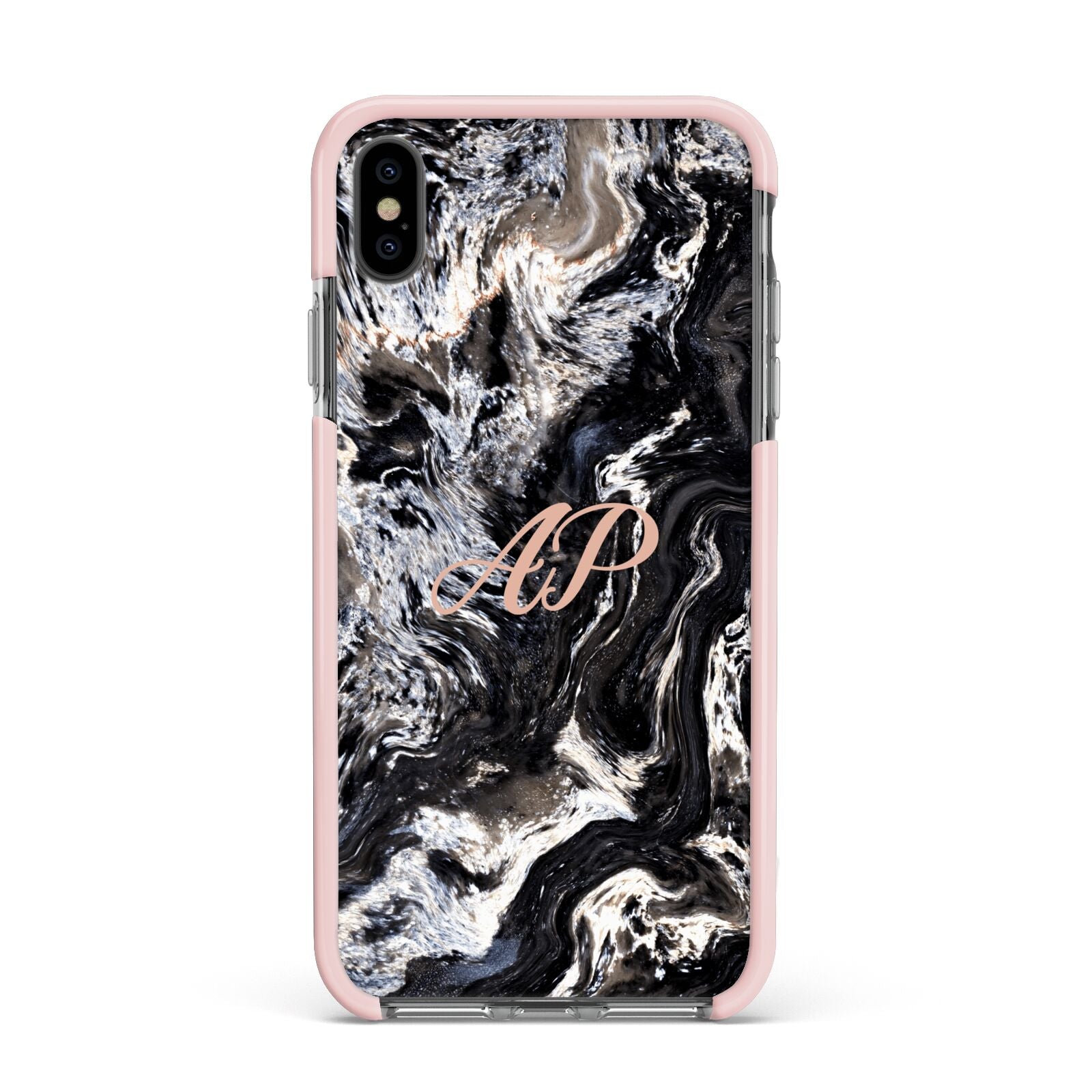 Custom Black Swirl Marble Apple iPhone Xs Max Impact Case Pink Edge on Black Phone