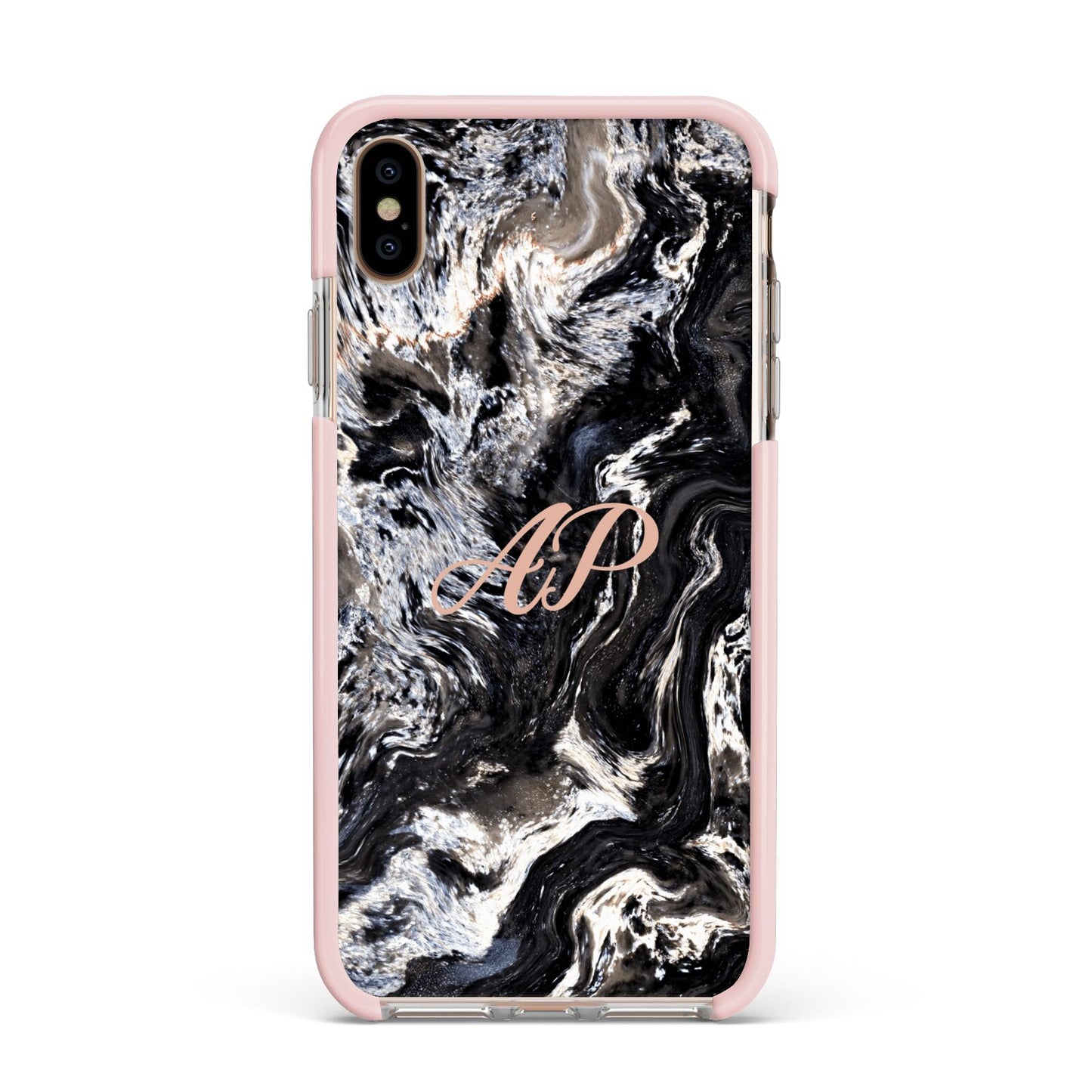 Custom Black Swirl Marble Apple iPhone Xs Max Impact Case Pink Edge on Gold Phone