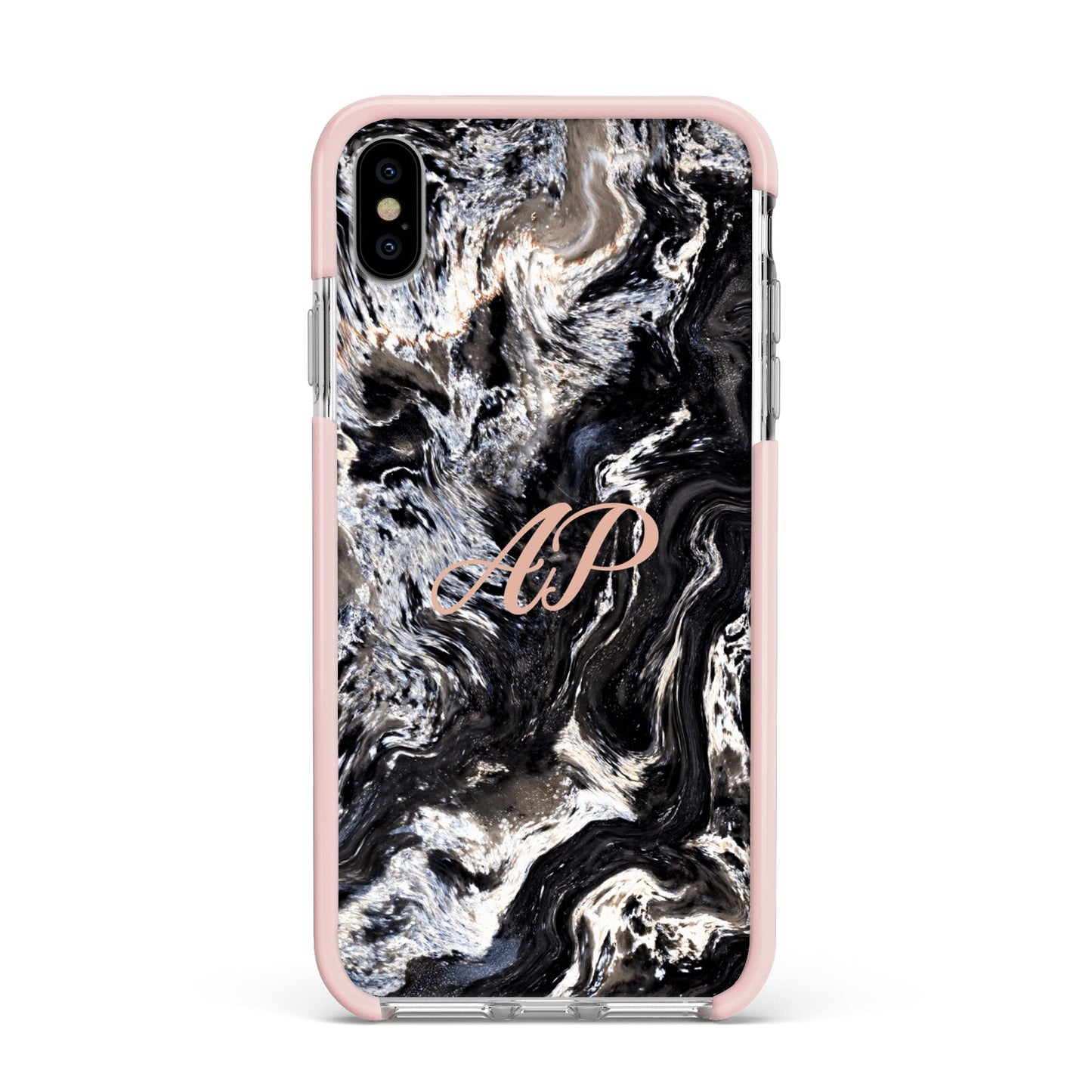 Custom Black Swirl Marble Apple iPhone Xs Max Impact Case Pink Edge on Silver Phone