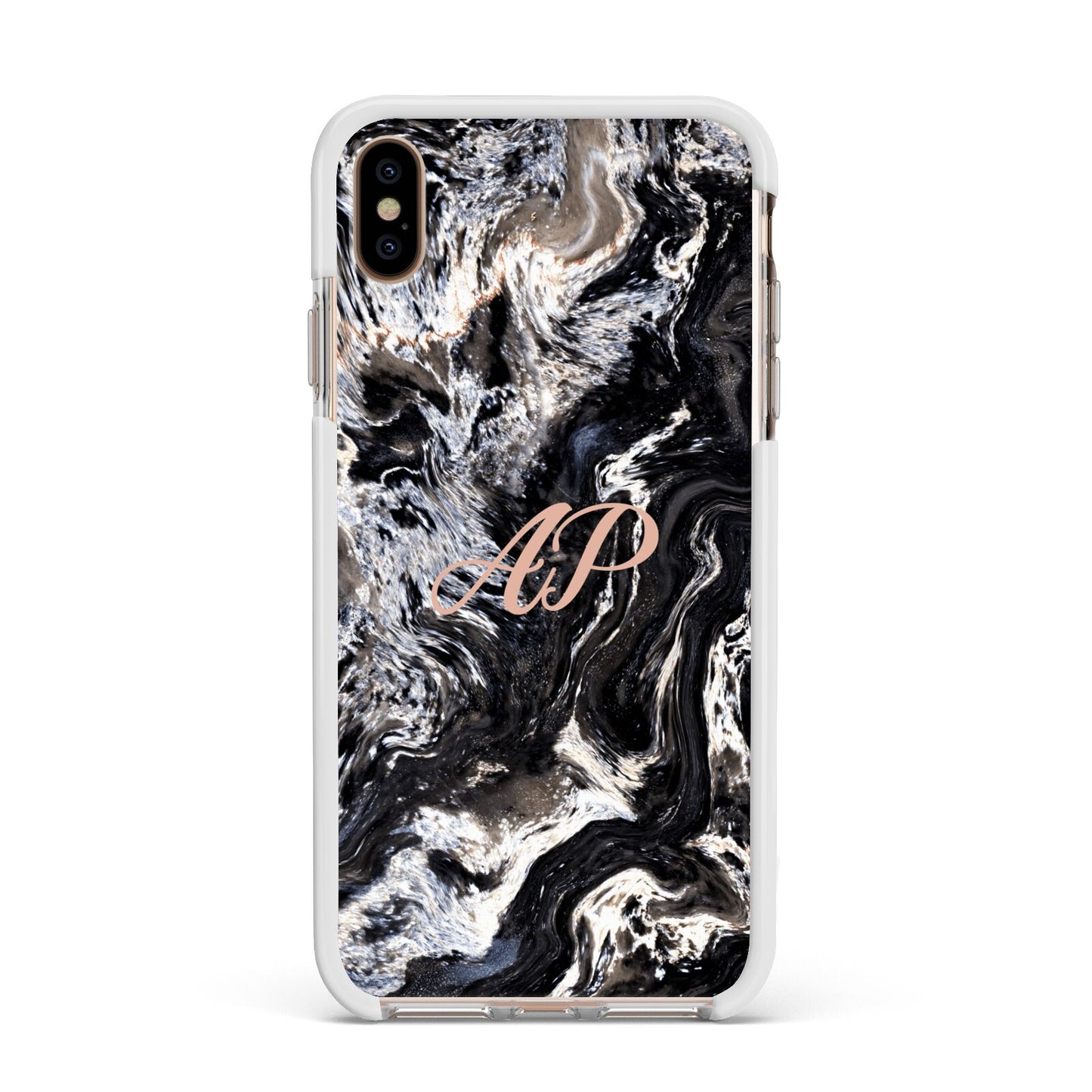 Custom Black Swirl Marble Apple iPhone Xs Max Impact Case White Edge on Gold Phone
