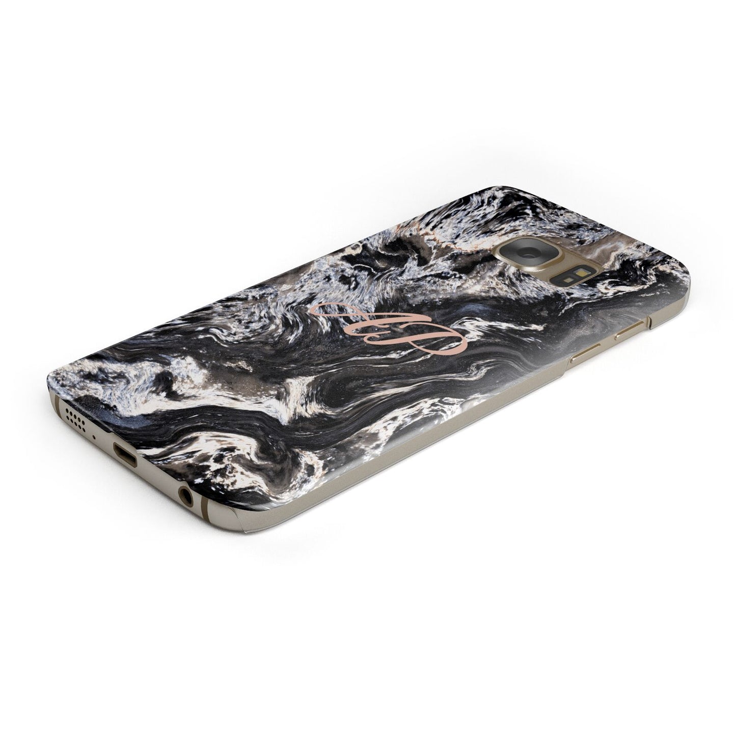 Custom Black Swirl Marble Protective Samsung Galaxy Case Angled Image