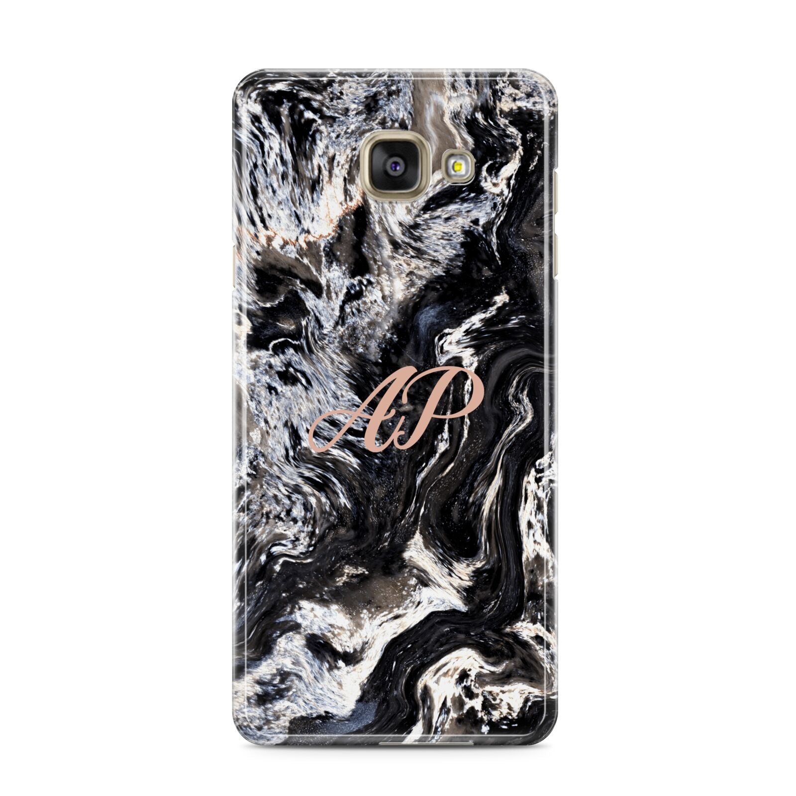 Custom Black Swirl Marble Samsung Galaxy A3 2016 Case on gold phone