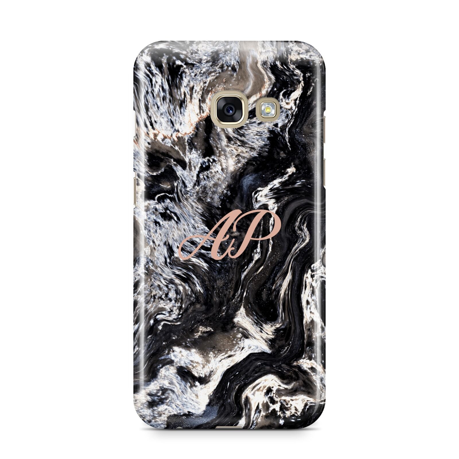 Custom Black Swirl Marble Samsung Galaxy A3 2017 Case on gold phone