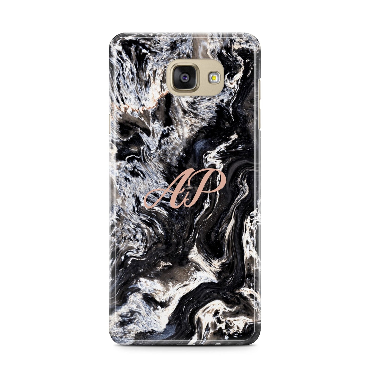 Custom Black Swirl Marble Samsung Galaxy A7 2016 Case on gold phone