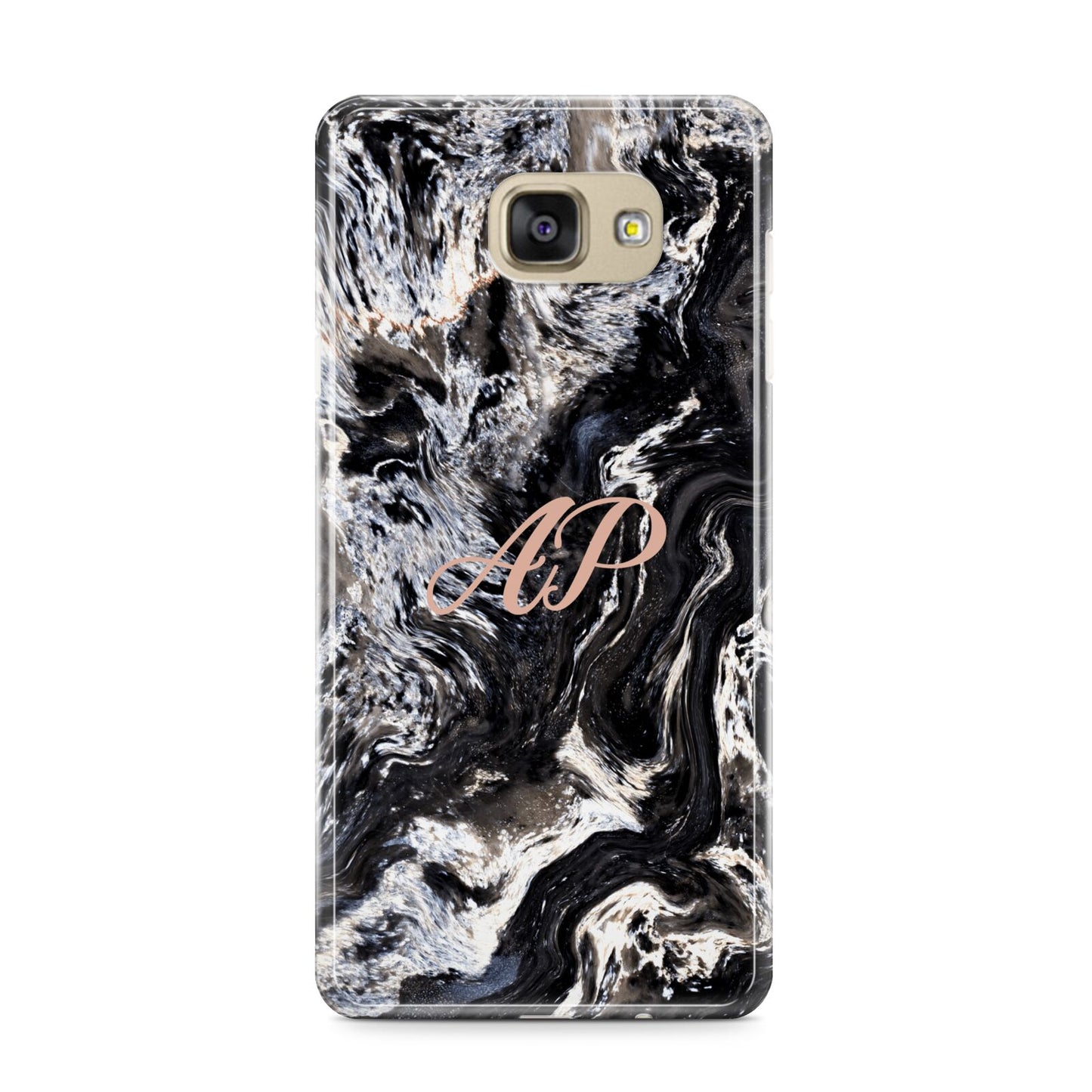 Custom Black Swirl Marble Samsung Galaxy A9 2016 Case on gold phone