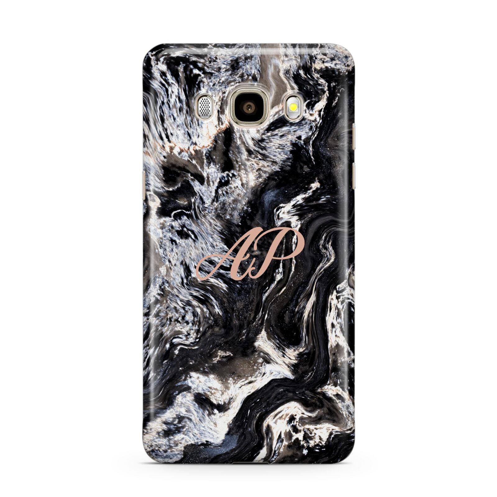 Custom Black Swirl Marble Samsung Galaxy J7 2016 Case on gold phone