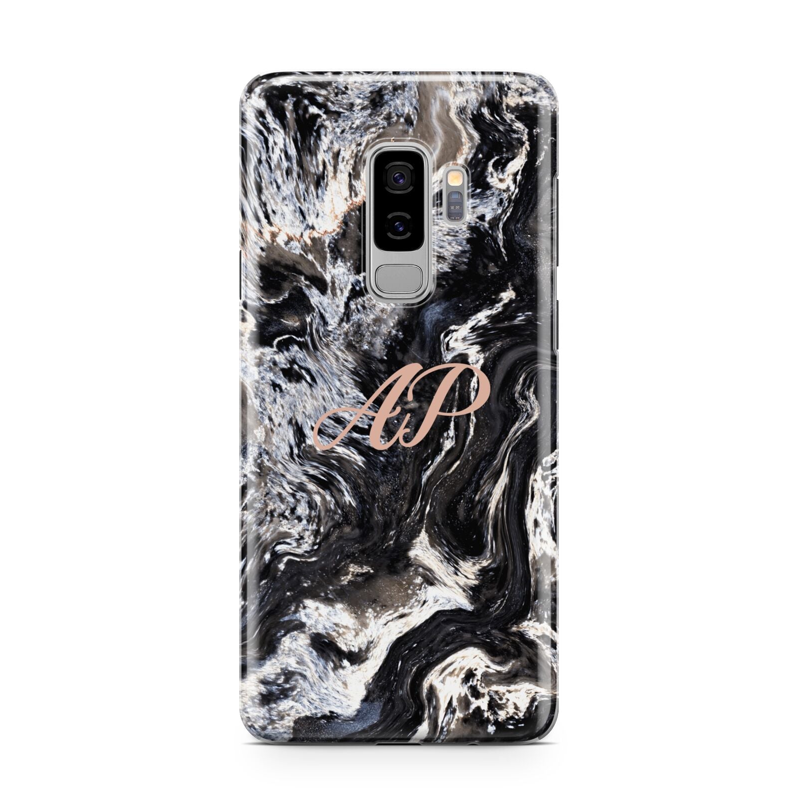 Custom Black Swirl Marble Samsung Galaxy S9 Plus Case on Silver phone