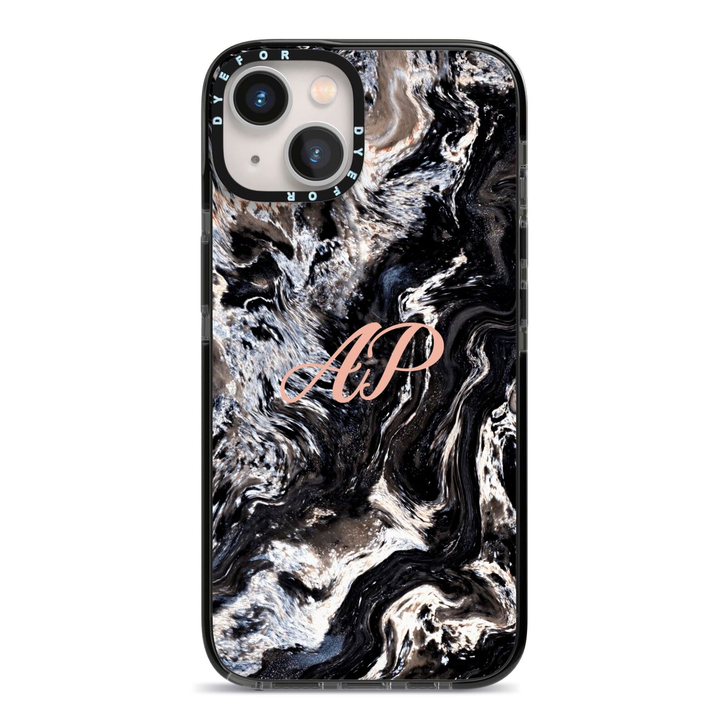 Custom Black Swirl Marble iPhone 13 Black Impact Case on Silver phone