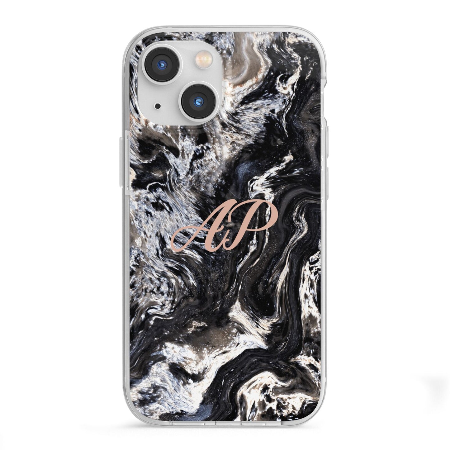 Custom Black Swirl Marble iPhone 13 Mini TPU Impact Case with White Edges