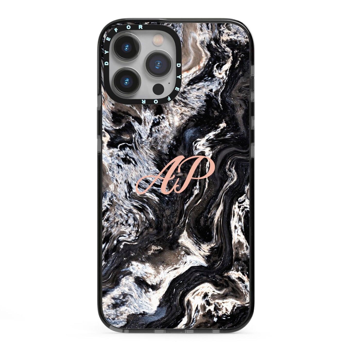 Custom Black Swirl Marble iPhone 13 Pro Max Black Impact Case on Silver phone