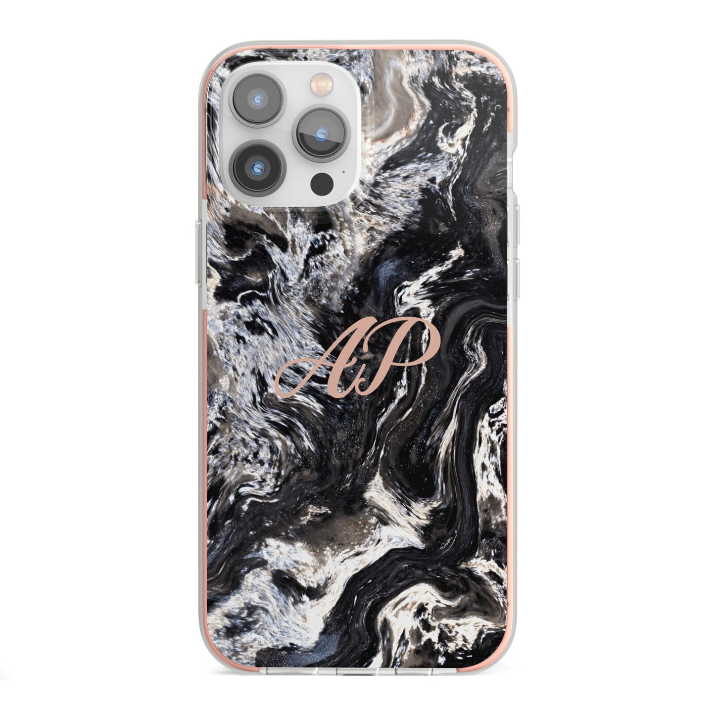 Custom Black Swirl Marble iPhone 13 Pro Max TPU Impact Case with Pink Edges