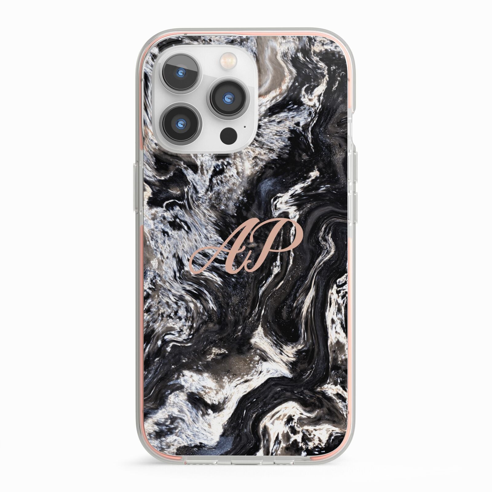 Custom Black Swirl Marble iPhone 13 Pro TPU Impact Case with Pink Edges