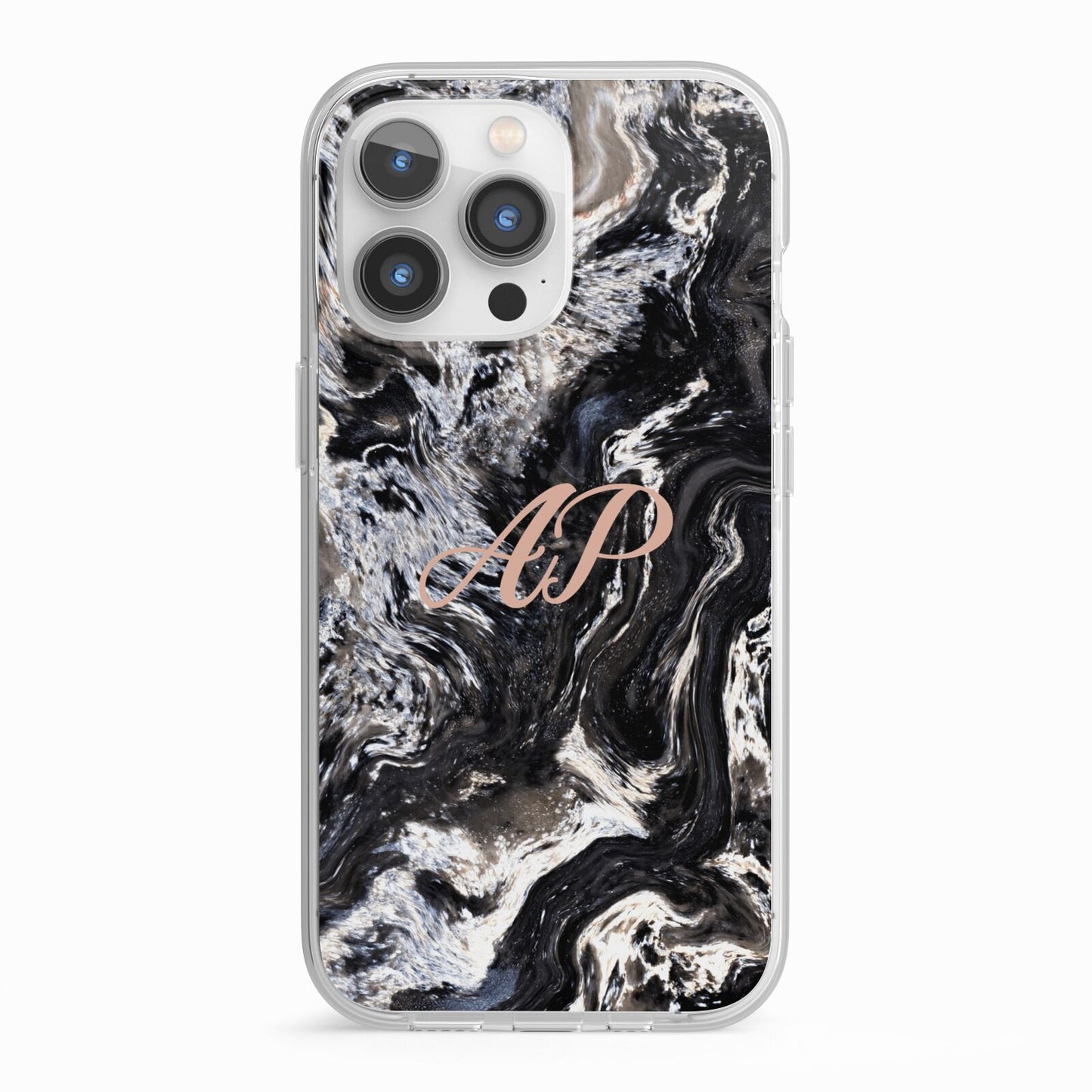 Custom Black Swirl Marble iPhone 13 Pro TPU Impact Case with White Edges