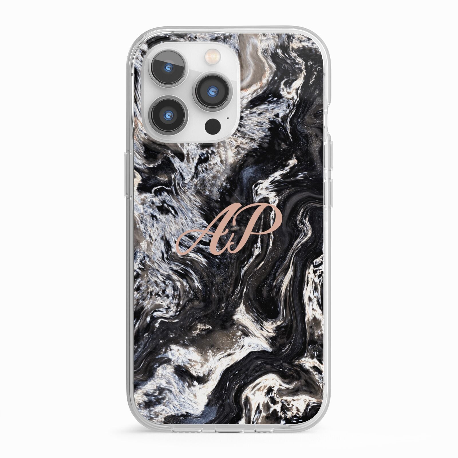 Custom Black Swirl Marble iPhone 13 Pro TPU Impact Case with White Edges