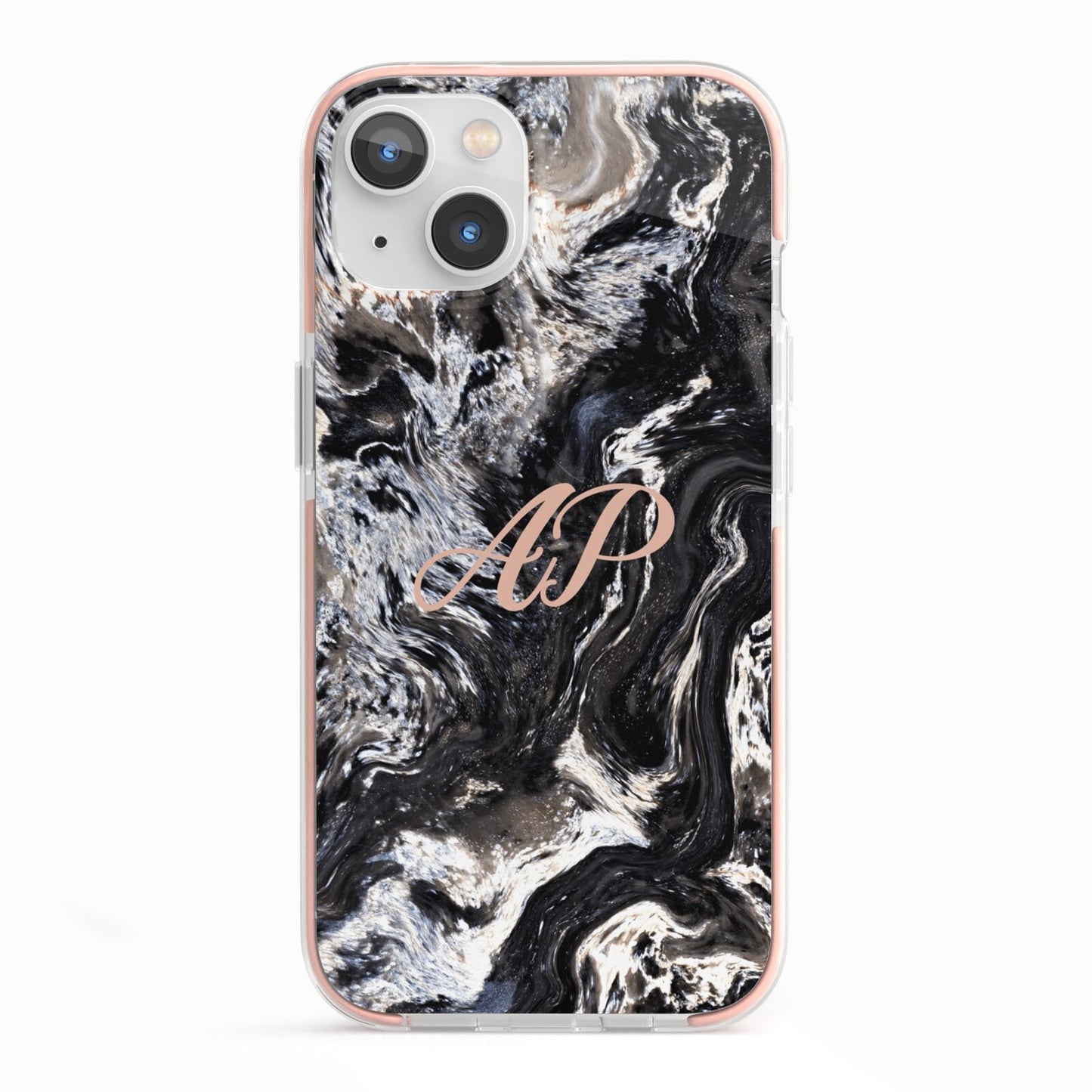 Custom Black Swirl Marble iPhone 13 TPU Impact Case with Pink Edges