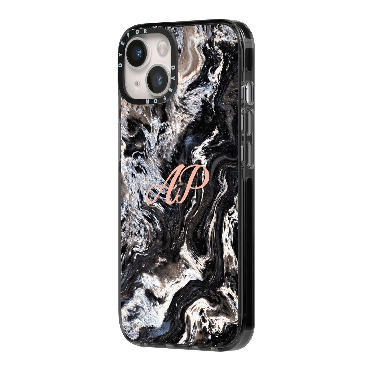 Custom Black Swirl Marble iPhone 14 Black Impact Case Side Angle on Silver phone