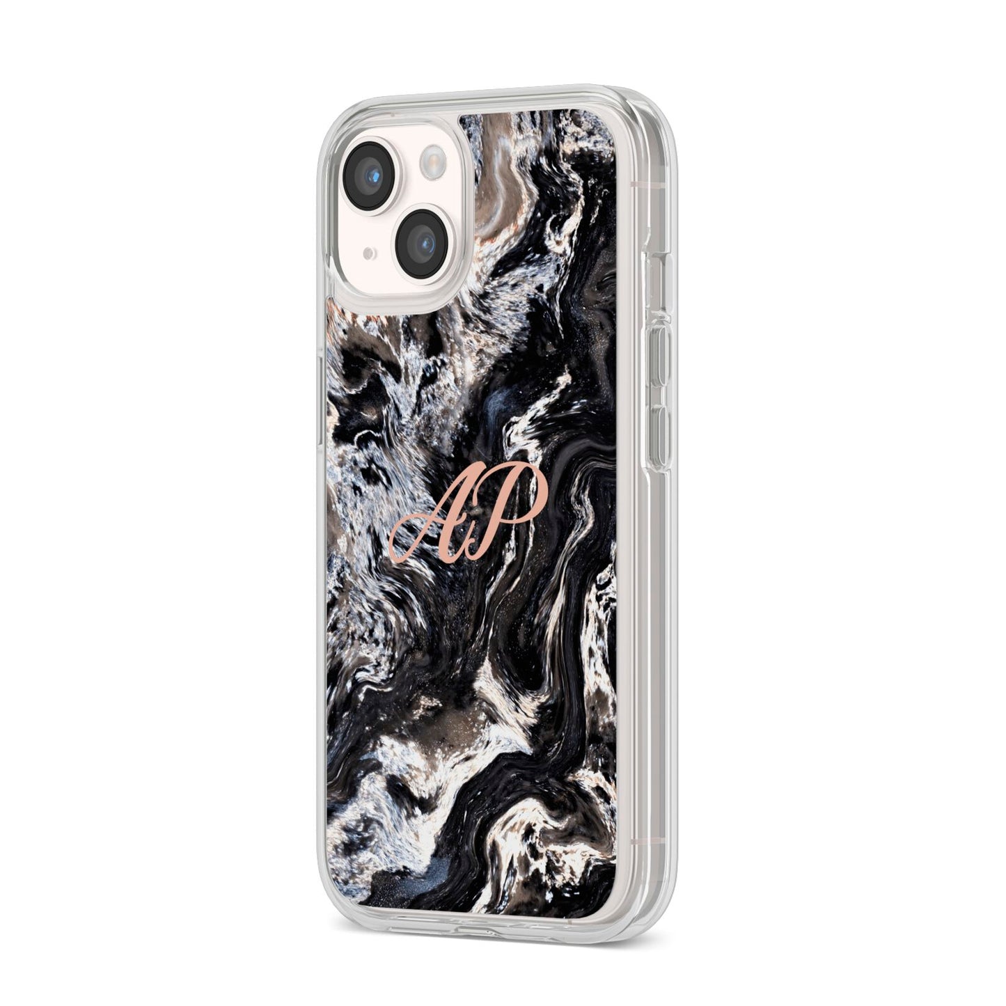 Custom Black Swirl Marble iPhone 14 Clear Tough Case Starlight Angled Image