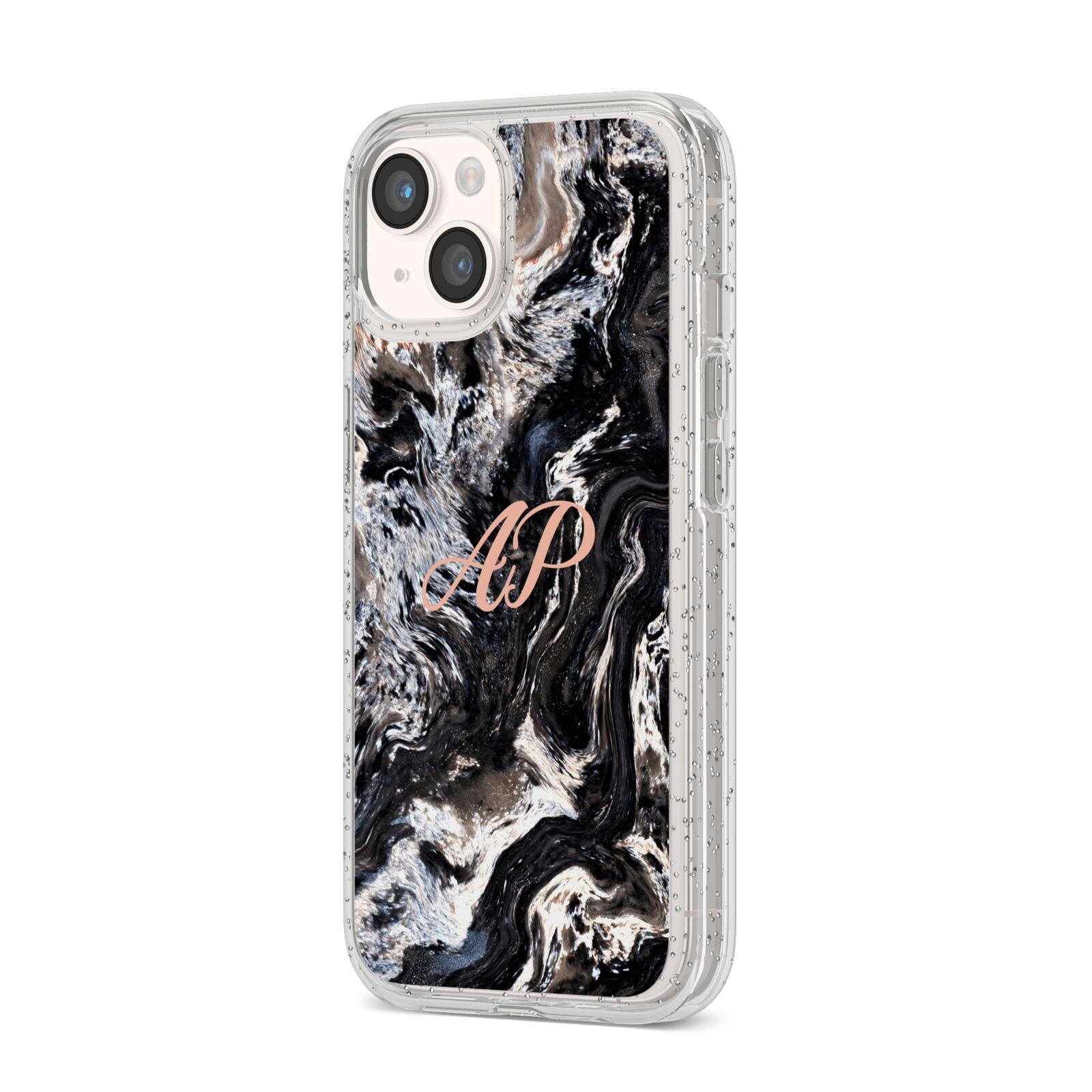 Custom Black Swirl Marble iPhone 14 Glitter Tough Case Starlight Angled Image