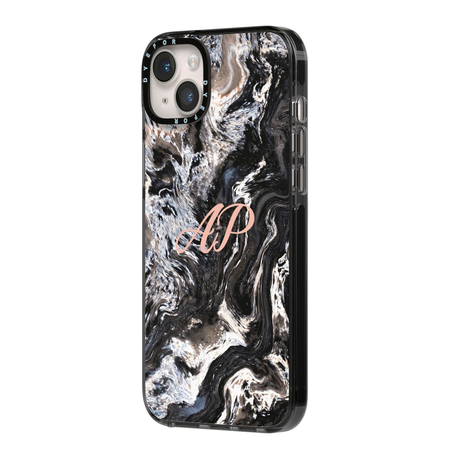 Custom Black Swirl Marble iPhone 14 Plus Black Impact Case Side Angle on Silver phone