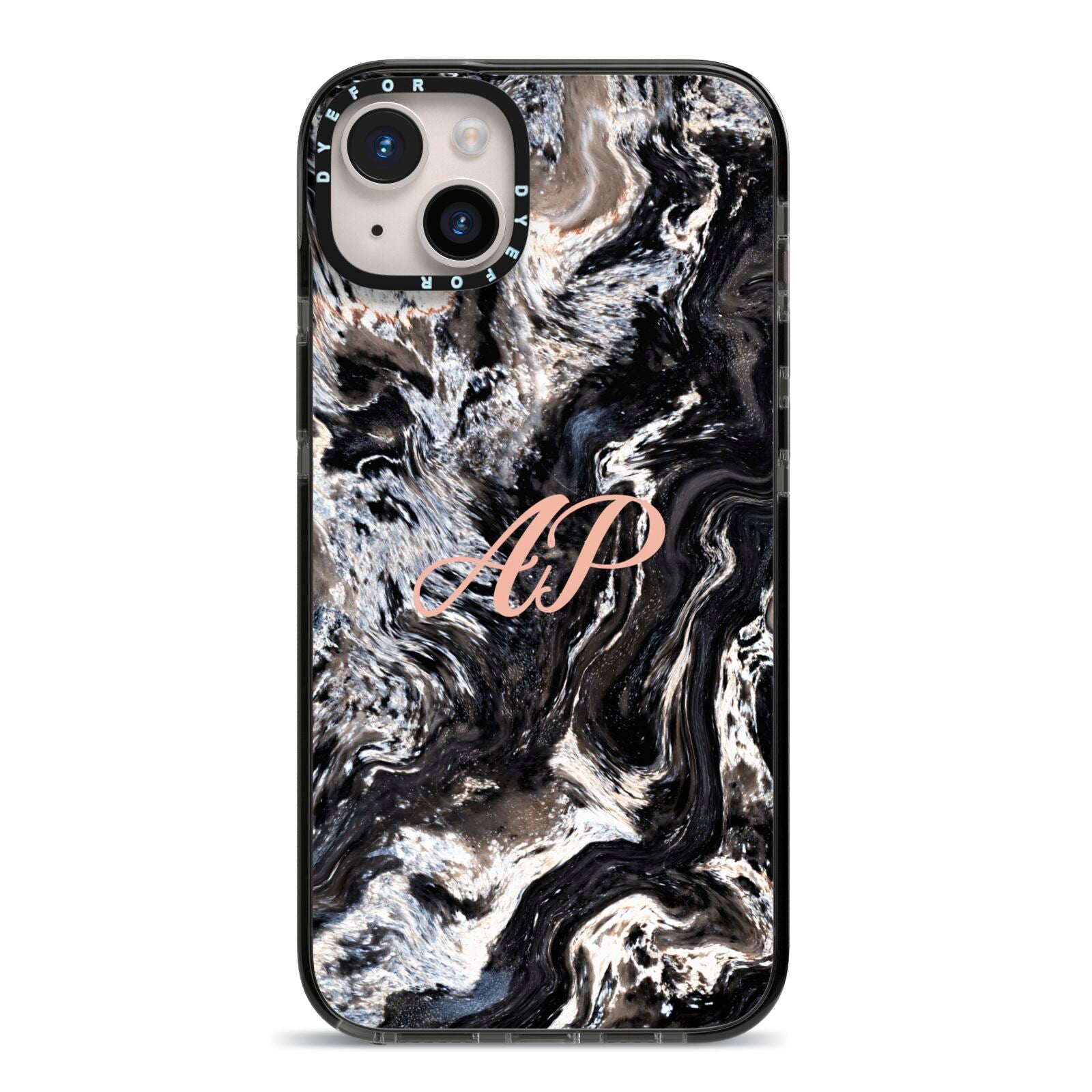 Custom Black Swirl Marble iPhone 14 Plus Black Impact Case on Silver phone