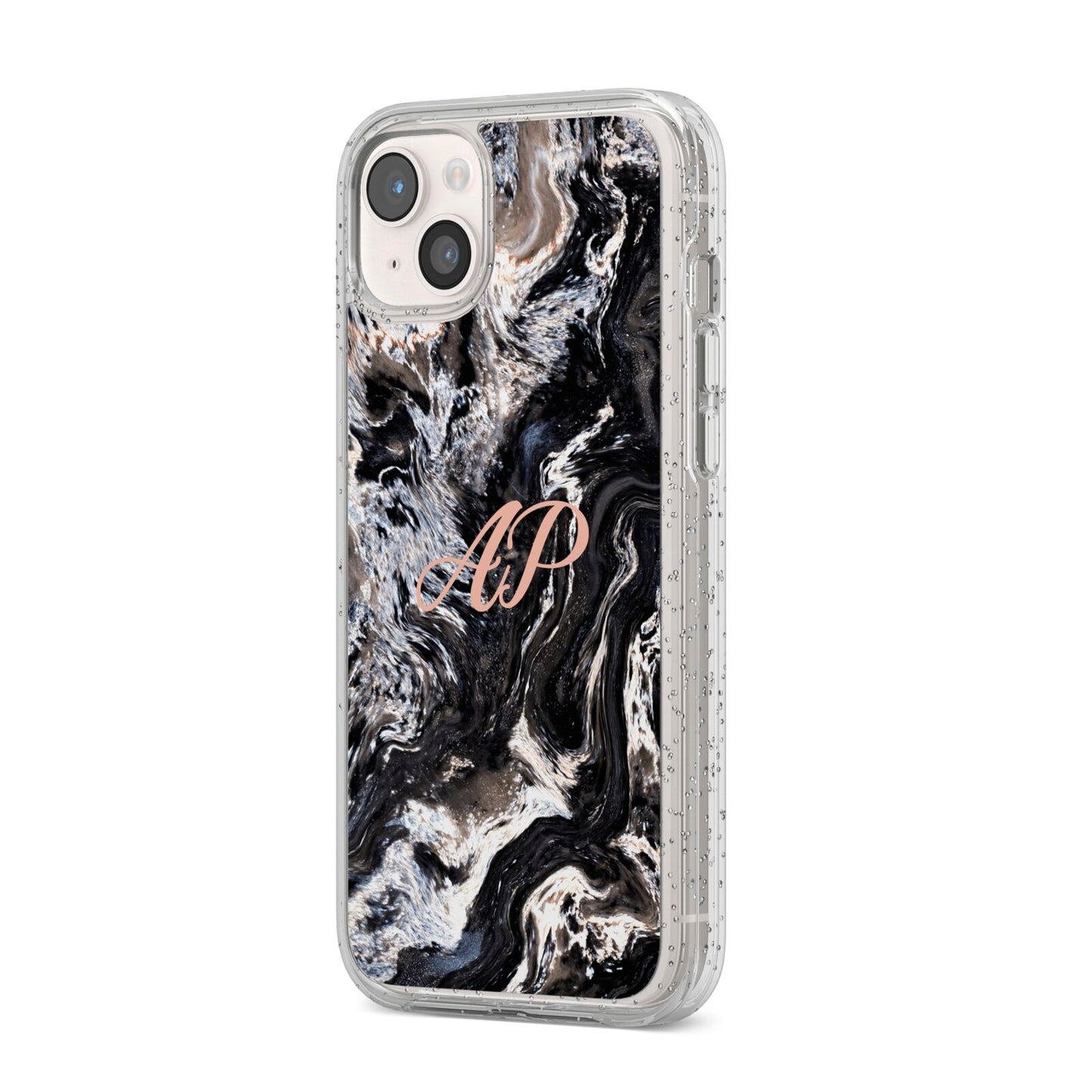 Custom Black Swirl Marble iPhone 14 Plus Glitter Tough Case Starlight Angled Image