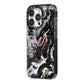 Custom Black Swirl Marble iPhone 14 Pro Black Impact Case Side Angle on Silver phone