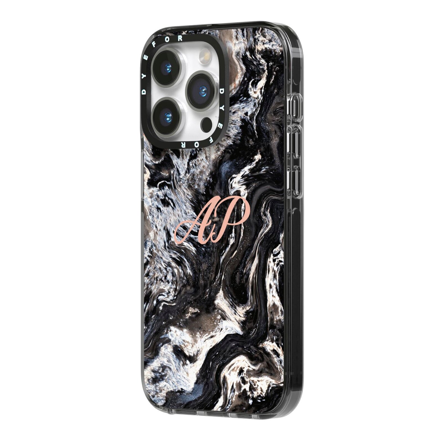 Custom Black Swirl Marble iPhone 14 Pro Black Impact Case Side Angle on Silver phone