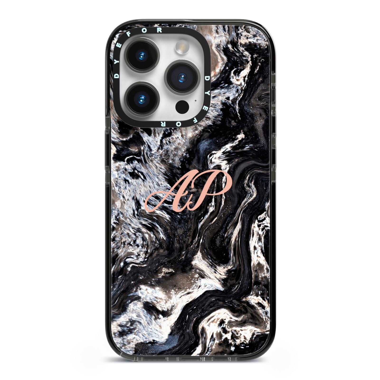 Custom Black Swirl Marble iPhone 14 Pro Black Impact Case on Silver phone