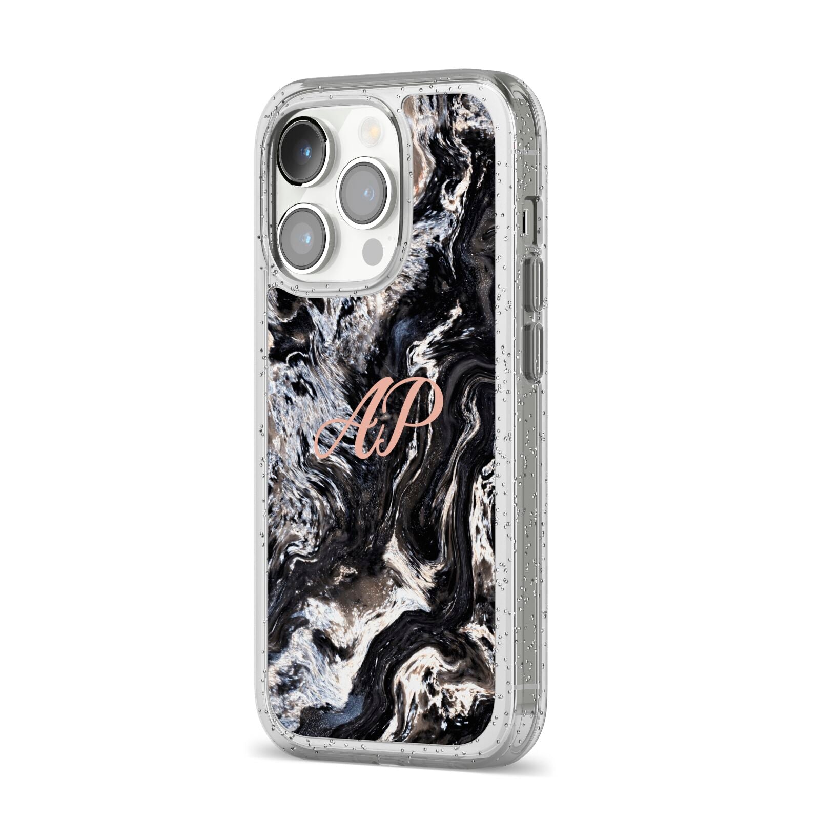 Custom Black Swirl Marble iPhone 14 Pro Glitter Tough Case Silver Angled Image