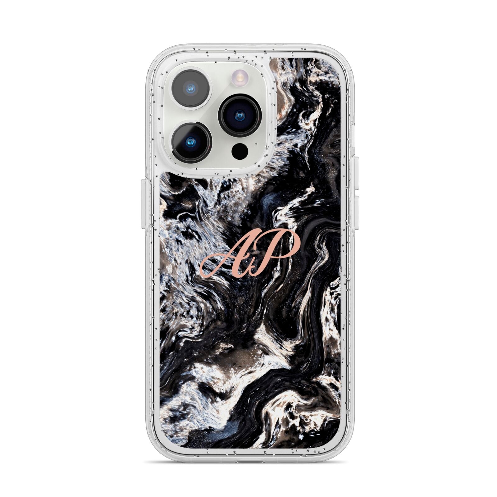 Custom Black Swirl Marble iPhone 14 Pro Glitter Tough Case Silver