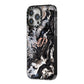 Custom Black Swirl Marble iPhone 14 Pro Max Black Impact Case Side Angle on Silver phone