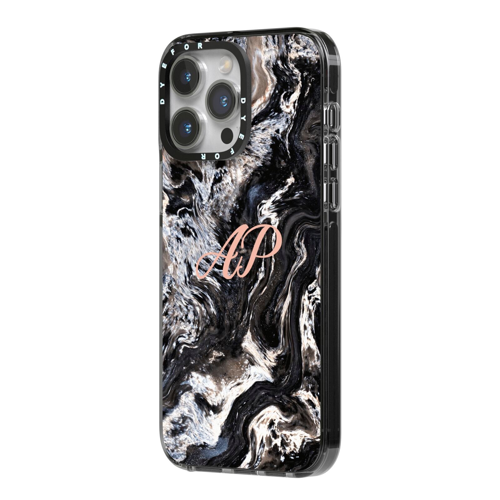 Custom Black Swirl Marble iPhone 14 Pro Max Black Impact Case Side Angle on Silver phone