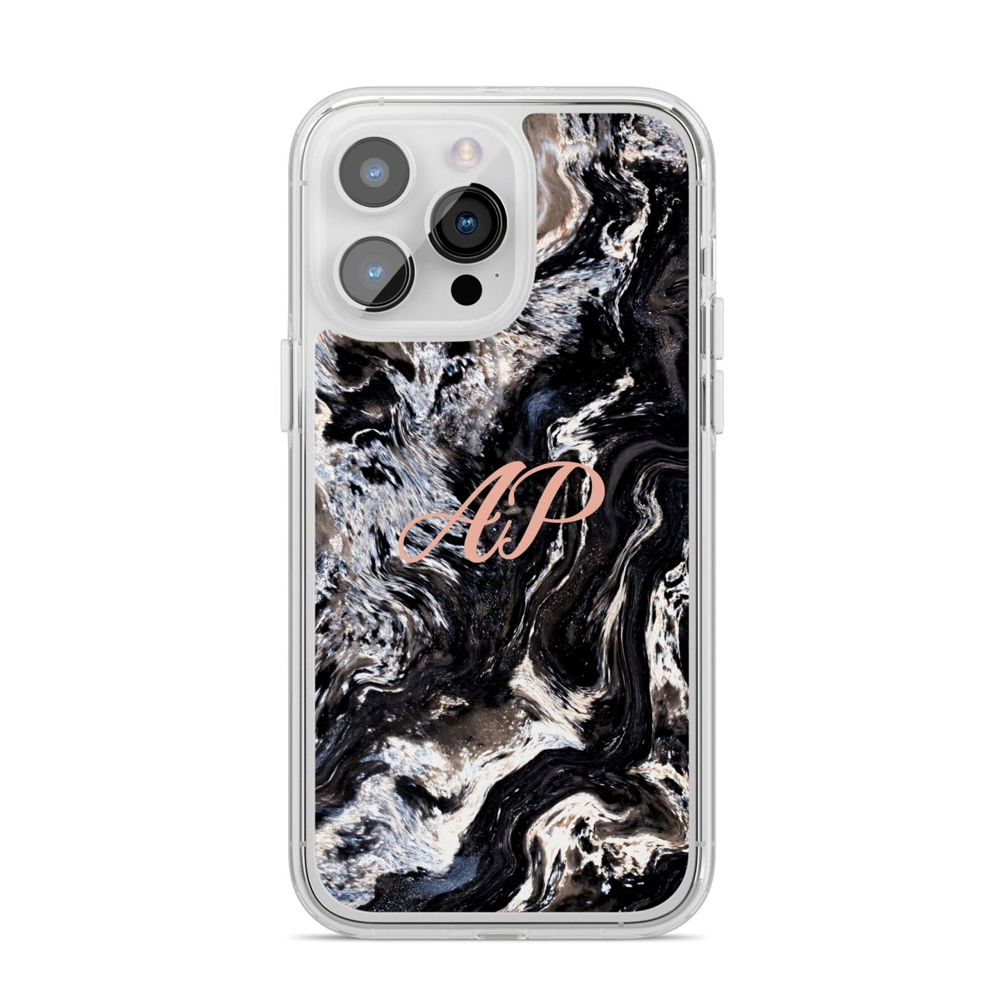 Custom Black Swirl Marble iPhone 14 Pro Max Clear Tough Case Silver