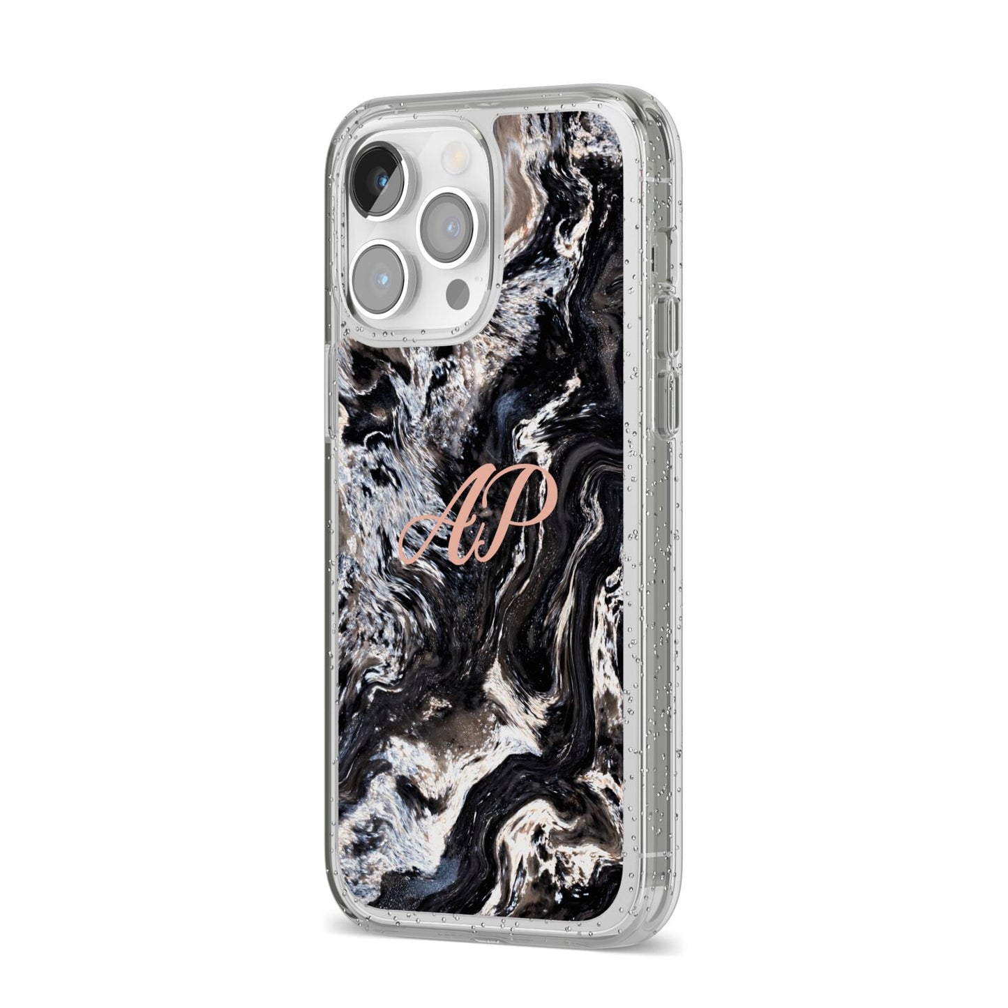 Custom Black Swirl Marble iPhone 14 Pro Max Glitter Tough Case Silver Angled Image