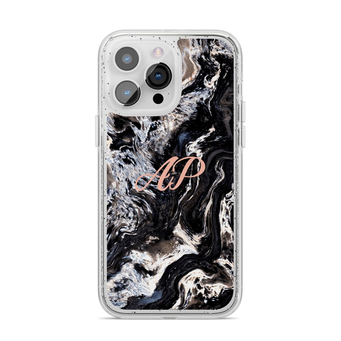 Custom Black Swirl Marble iPhone 14 Pro Max Glitter Tough Case Silver