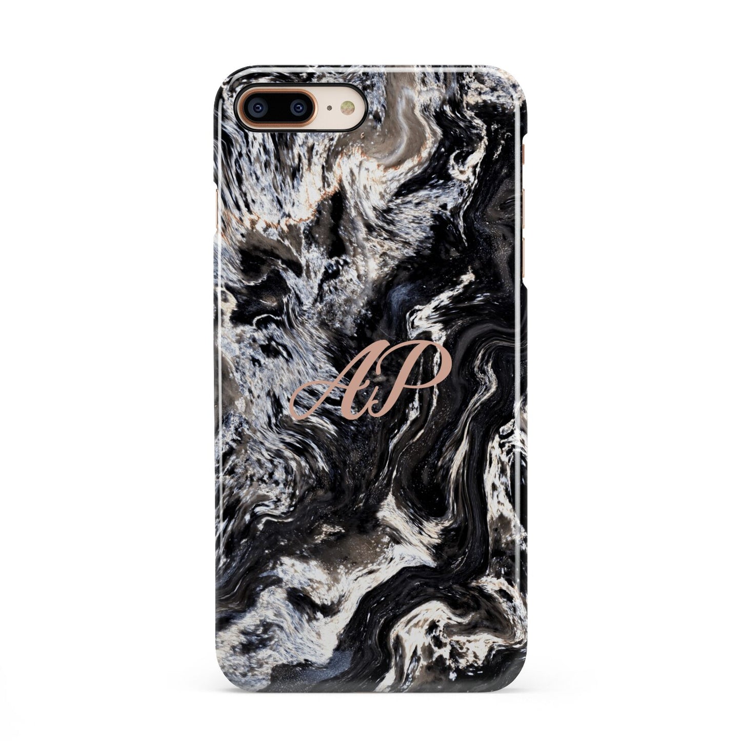 Custom Black Swirl Marble iPhone 8 Plus 3D Snap Case on Gold Phone