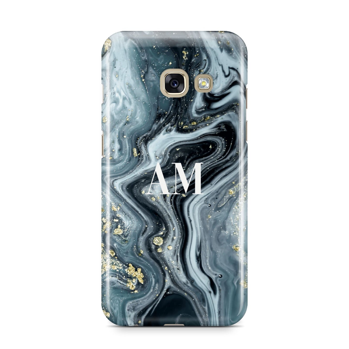 Custom Blue Swirl Marble Samsung Galaxy A3 2017 Case on gold phone