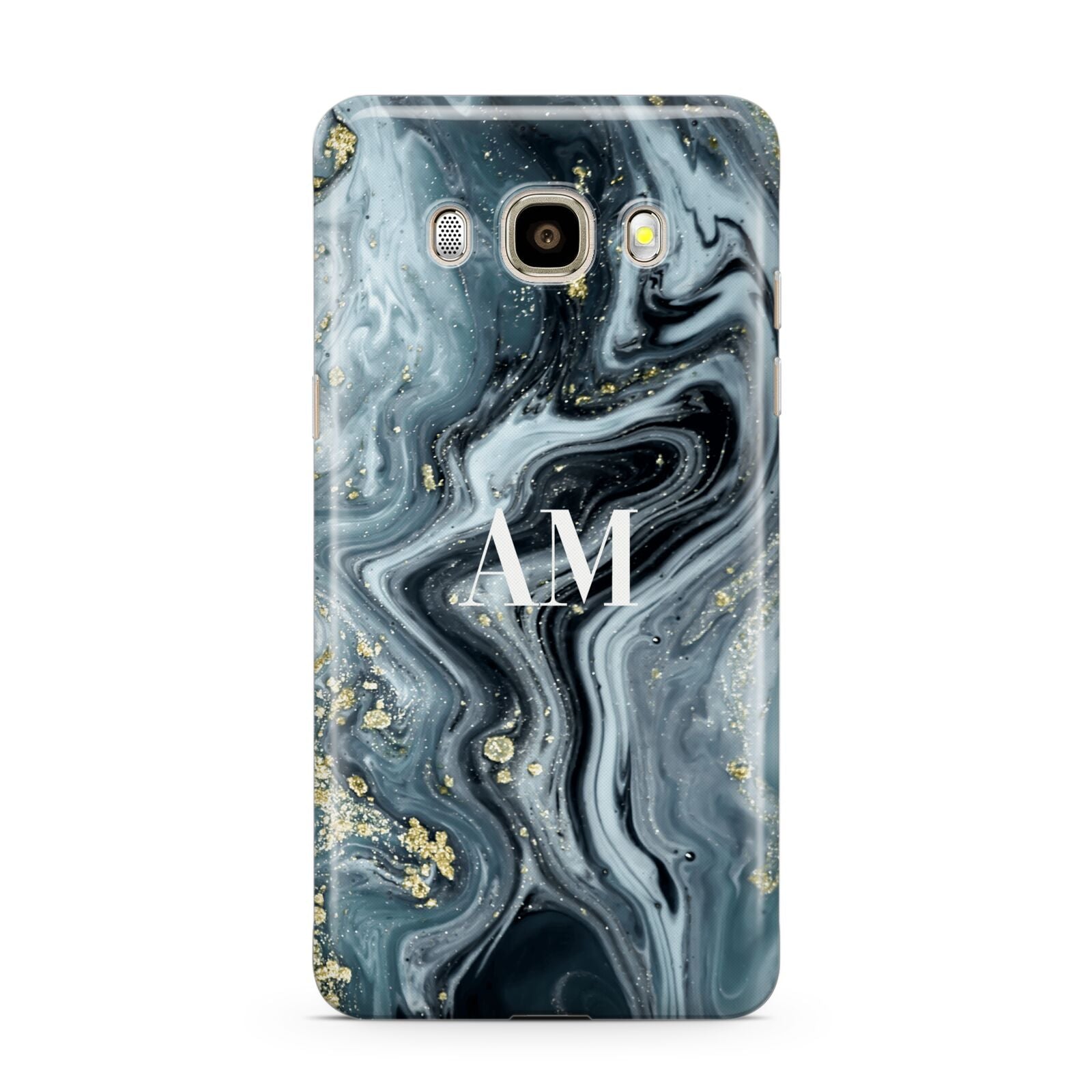 Custom Blue Swirl Marble Samsung Galaxy J7 2016 Case on gold phone