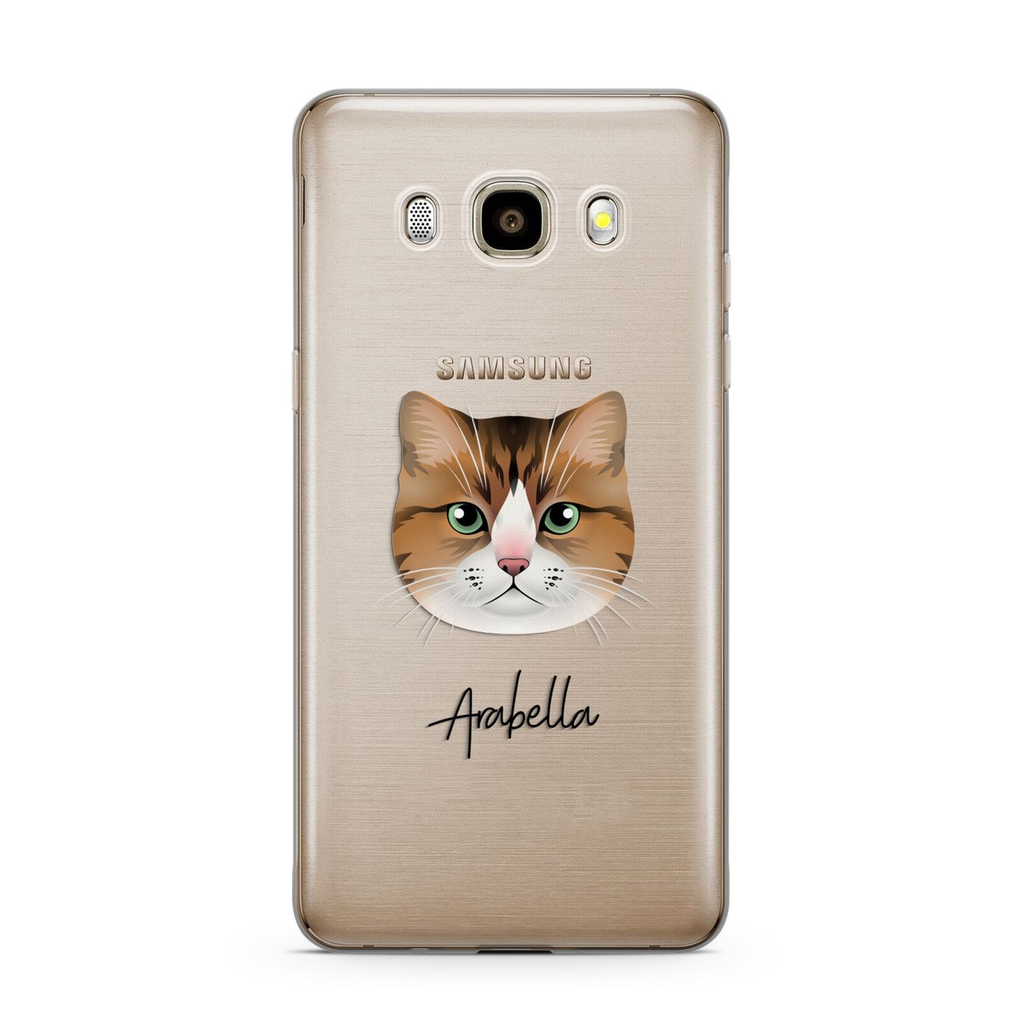 Custom Cat Illustration with Name Samsung Galaxy J7 2016 Case on gold phone