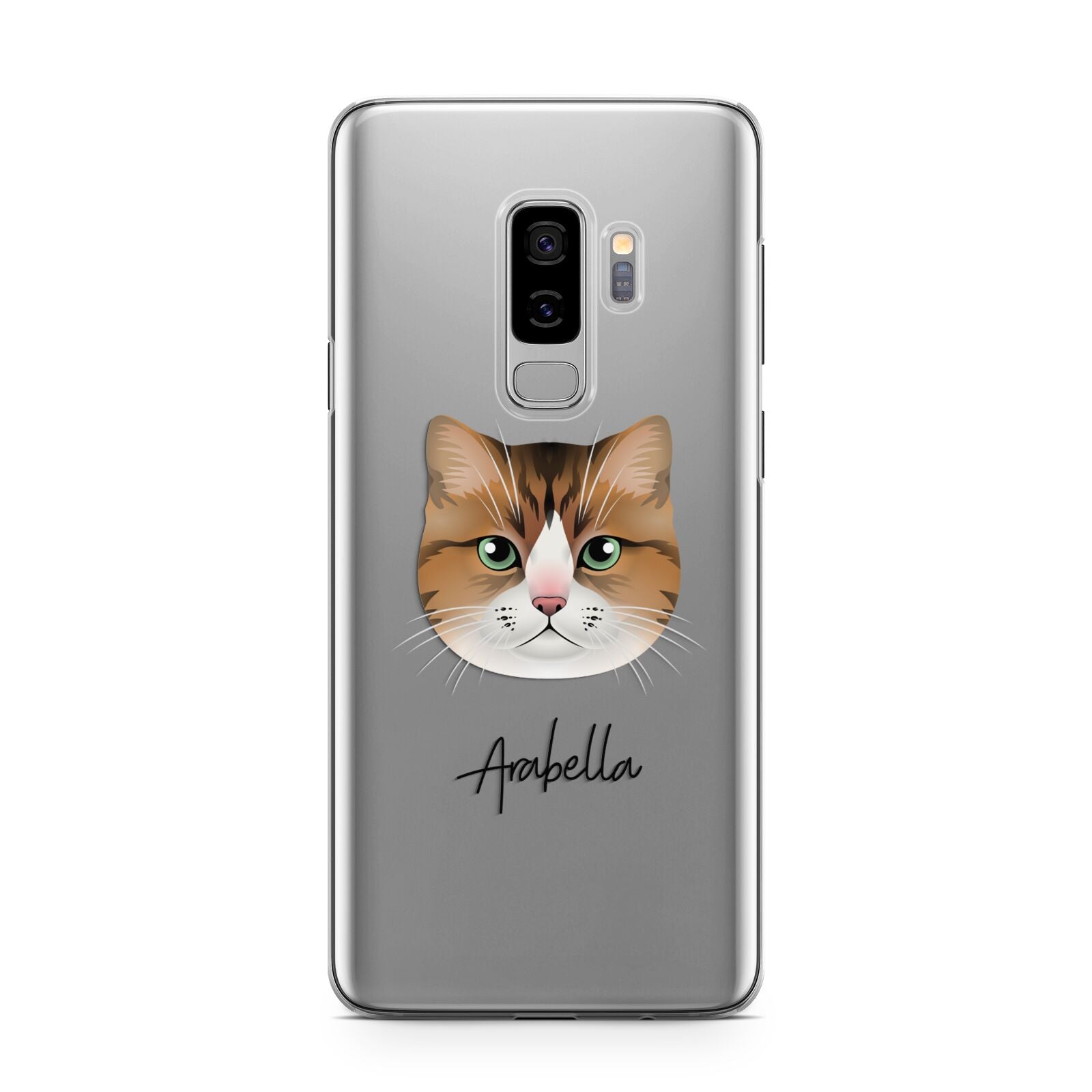 Custom Cat Illustration with Name Samsung Galaxy S9 Plus Case on Silver phone