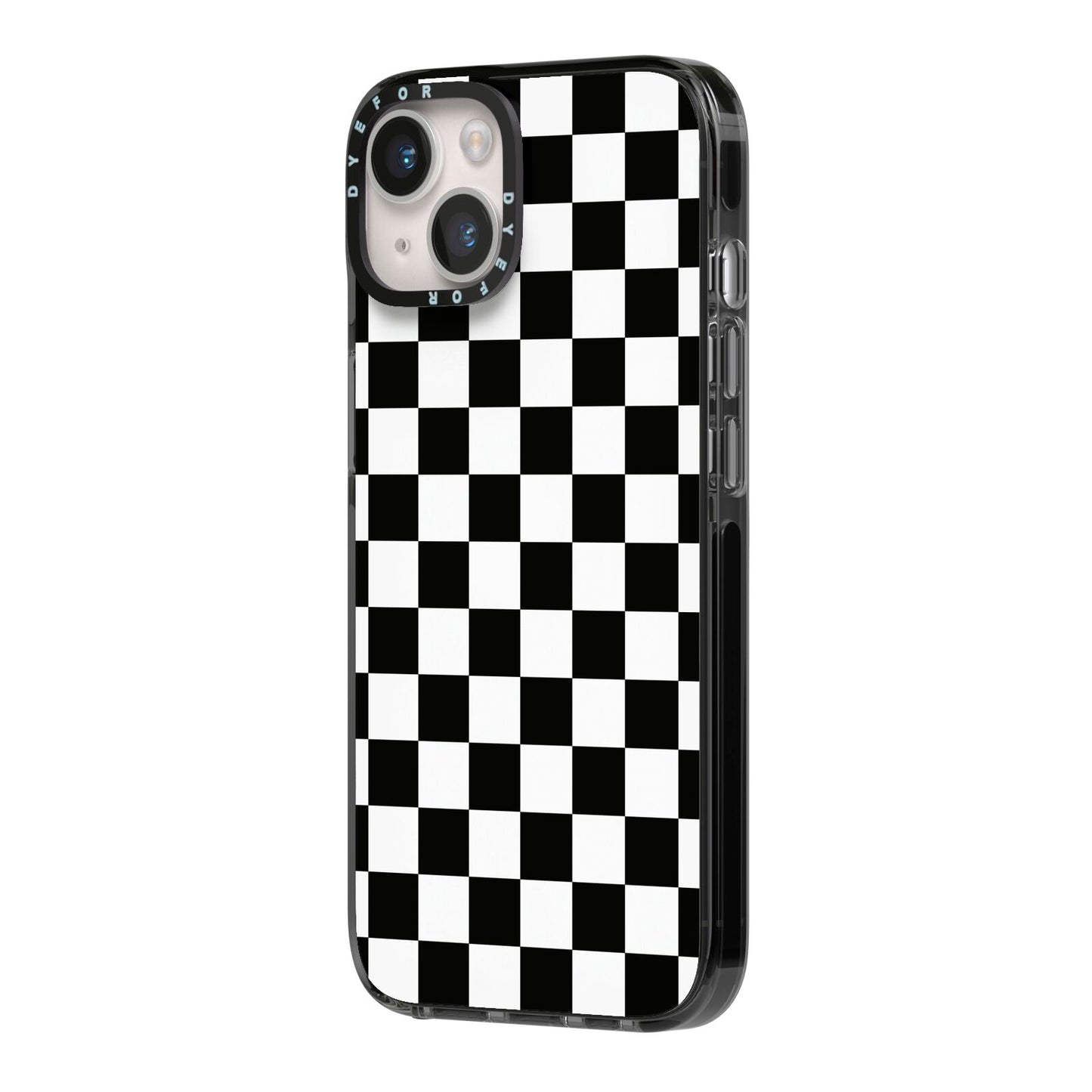 Custom Colour Check iPhone 14 Black Impact Case Side Angle on Silver phone