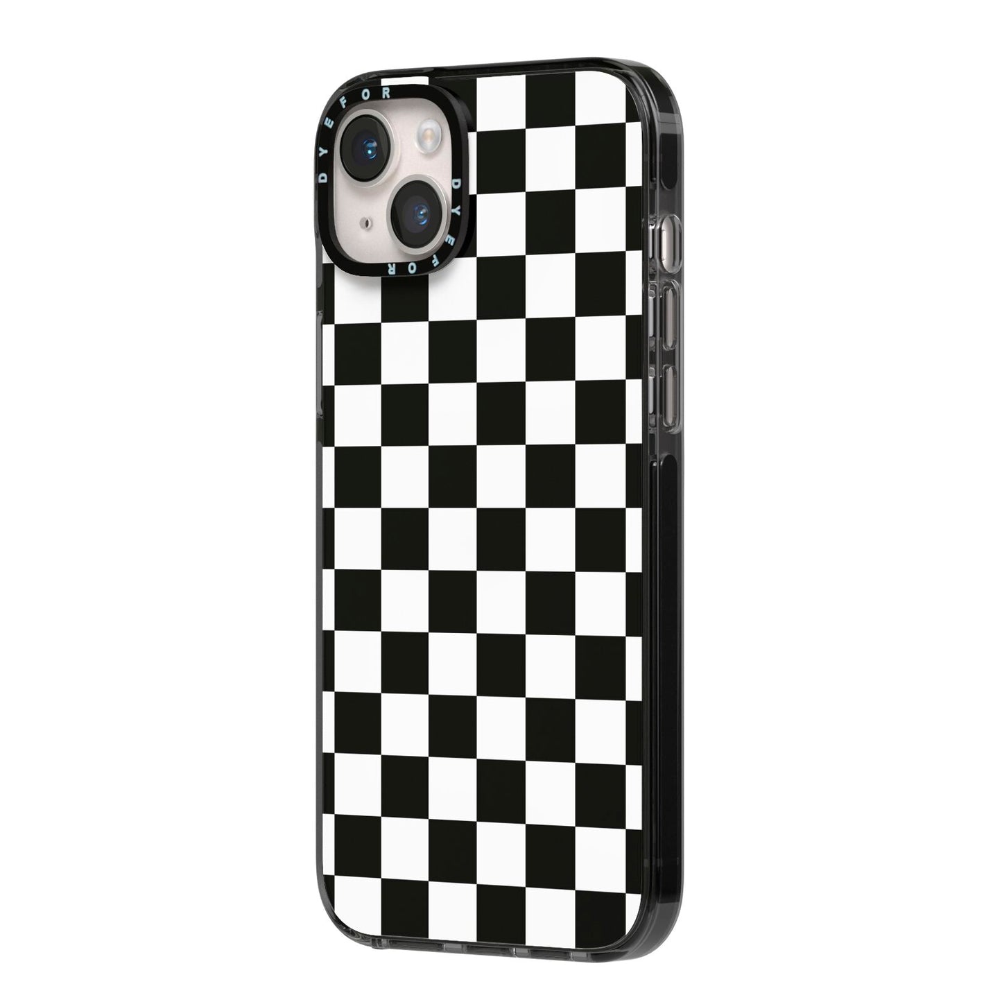 Custom Colour Check iPhone 14 Plus Black Impact Case Side Angle on Silver phone