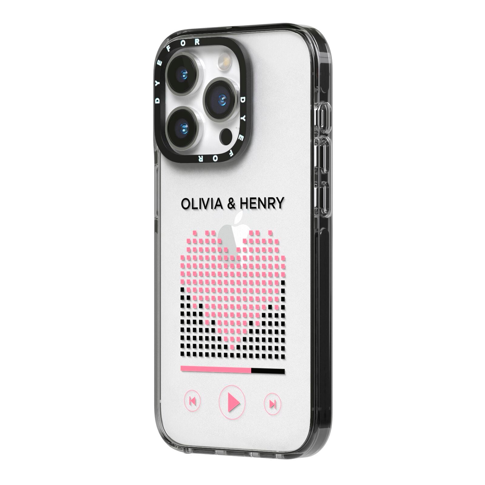 Custom Couples Music iPhone 14 Pro Black Impact Case Side Angle on Silver phone