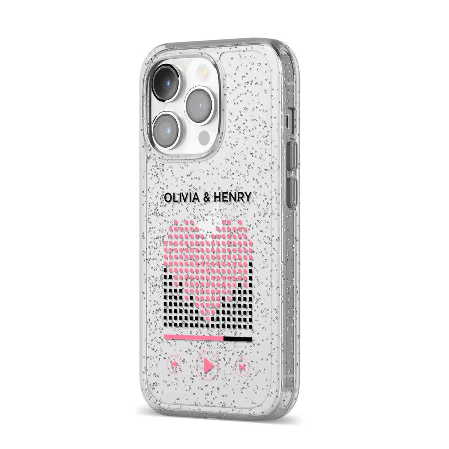 Custom Couples Music iPhone 14 Pro Glitter Tough Case Silver Angled Image